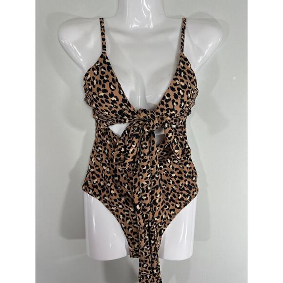 AERIE SWIMWEAR Cut Out Self Tie Front Leopard Print One Piece Swimsuit SL NWOT - Picture 1 of 7